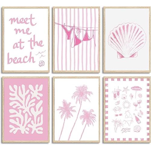 ZUGHRERF Coastal Granddaughter Wall Art Pink Shell Bikini Wall Decor Starfish Palm Tree Poster Prints Artwork Meet Me At The Beach Preppy Aesthetic for Girly Room Dorm Apartment Home Decor 8x10in