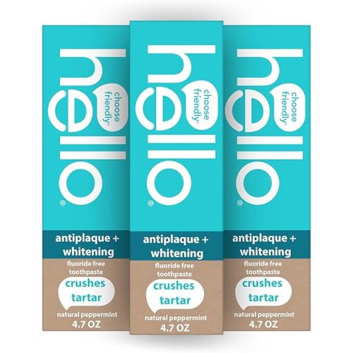 hello Antiplaque and Whitening Fluoride Free Toothpaste, Whitening Toothpaste with Coconut Oil and Tea Tree Oil, Helps Whiten Teeth, Natural Peppermint, 3 Pack, 4.7 Oz Tubes