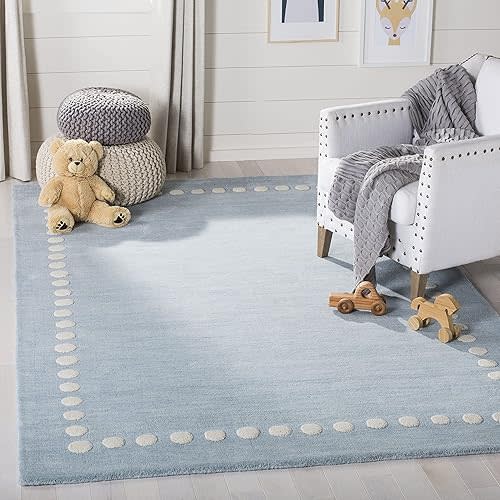 SAFAVIEH Kids Collection Area Rug - 7' Square, Blue & Ivory, Handmade Wool, Polka Dot Border Design, Ideal for The Living Room, Bedroom, Dining Room, Kids Room, Nursery (SFK802M-7SQ)