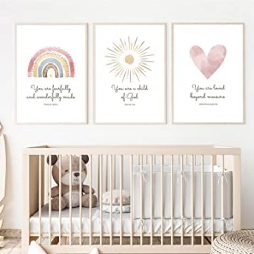 Boho Nursery Wall Art 3 Pieces Bible Verse Nursery Art Christian Girls Nursery Wall Art Heart Rainbow Sun Nursery Art Print Boho Sunshine Decor for Girl Baby Kid Room Decor 16x24 Inch Unframed