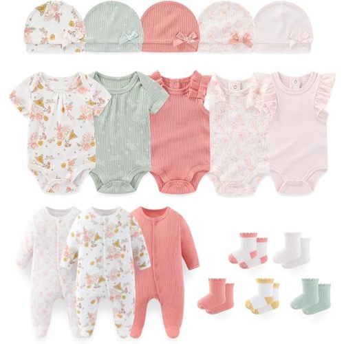Baby Boy Girl Layette Set 18 Piece Infant Essentials Must Haves Clothes 0-9 Month Rompers+Bodysuits+Hats+Socks