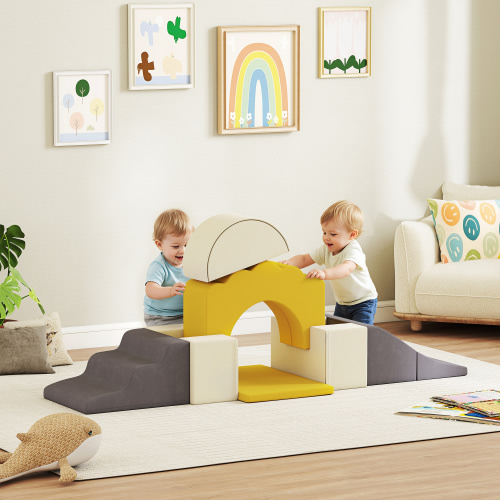 Qaba 7-Piece Baby Soft Play Set, Indoor Soft Play Gym Activity Play Set for Crawling, Sliding and Playing, Yellow