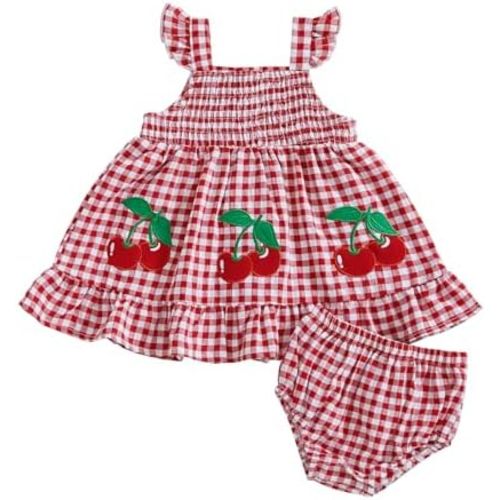 Summer Outfit Clothes Baby Girl Plaid Cherry Sleeveless Tunic T-Shirt Top and Shorts Bloomers Set