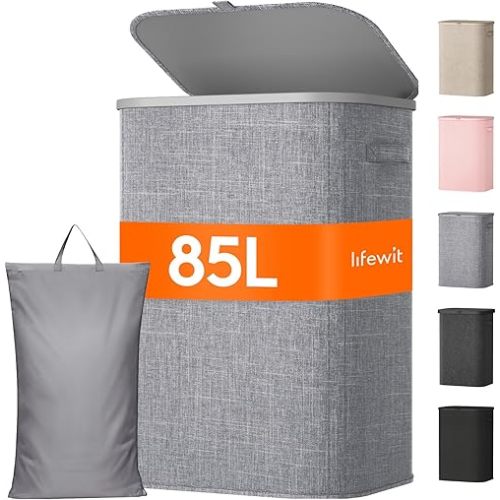 Lifewit 85L Large Laundry Basket with Lid, Laundry Hamper with Plastic Handles and Removable Bag, Foldable Tall Dirty Clothes Hampers for Laundry for Laundry Room, Bedroom, Bathroom, Dorm, Light Gray