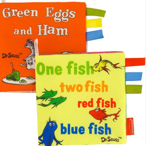 Infantino Dr. Seuss Soft Activity Books, One Fish Two Fish Red Fish Blue Fish & Green Eggs and Ham, Baby Cloth Books with Colorful Pages and Satin Tags for Infants & Toddlers 0+ Months, 2-Pack