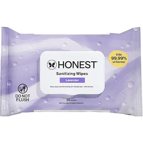 The Honest Company Lavender Sanitizing Wipes, Kills 99.99% of Germs, Safe for All Hands, Antibacterial, Dermatologist Tested, 50 Count