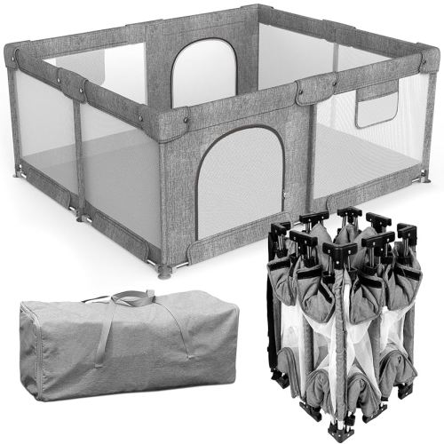 Foldable Baby Playpen with Gate, Extra Large Collapsible Play Yard for Babies & Toddlers, Portable Travel Playpen, Baby Activity Center for Indoor & Outdoor Use (Gray 59"×71")