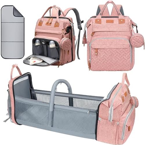 Diaper Bag, Baby Essentials, Multi-functional Large-capacity Diaper Bag Backpack, Best Gift for Newborns with Diaper Changing Station, Travel Essentials Diaper Bag Backpack (Pink)