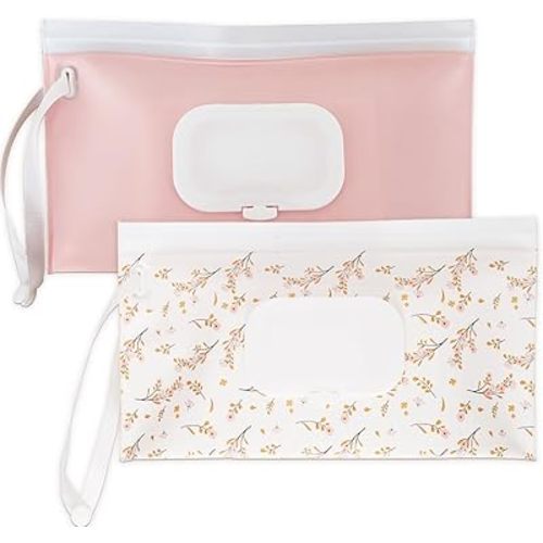 Wipe Dispenser and Wipes Container, 2 Pack Reusable Wipes Holder and Travel Wipes Case, Refillable Pouch for Baby Essentials, Pink & Leaf Design (pink)