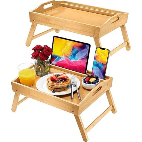 Bed Table Tray with Folding Legs, (2 Pack) Laptop Holder and Handles - Breakfast Tray Bamboo Bed Tray for Eating, Sofa, Bed, Food Trays for Eating on Couch, Snacking and Working