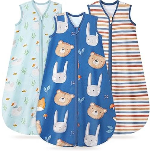 3 Pack Baby Sleep Sack 6-12 Months 100% Organic Cotton, 0.5 TOG Lightweight Wearable Blanket, 2-Way Zipper Sleeping Bag, Blue
