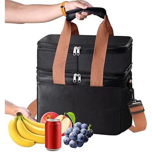 Upgraded Insulated Lunch Bag & Lunch Box for Men and Women - Expandable Double Deck, Leakproof Soft Cooler Bag with Side Tissue Pocket - Large Adult Lunch Tote for Work, Picnic, Beach 20L (Black)