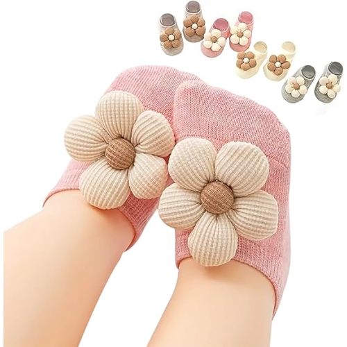 4Packs Baby Girls Socks,Flower Non-Slip Grips for Babies Toddler Princess Low Cut Ankle Socks for Girls