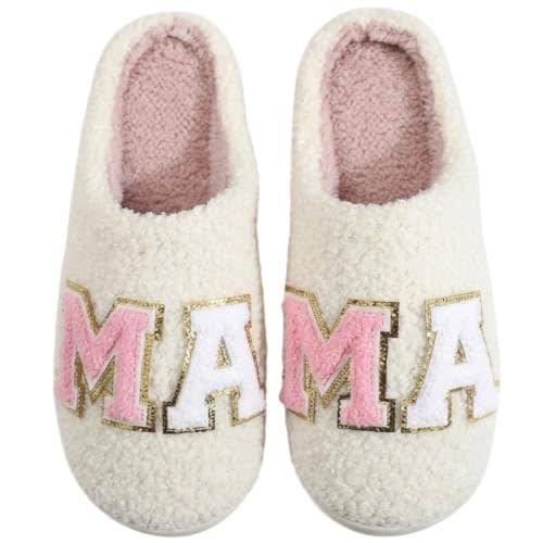 Fuzzy MAMA Slippers for Women Memory Foam Teddy Fleece Plush Lining Non Slip Sole Indoor Outdoor Fashion Casual Comfortable Cozy Warm Holiday Gift