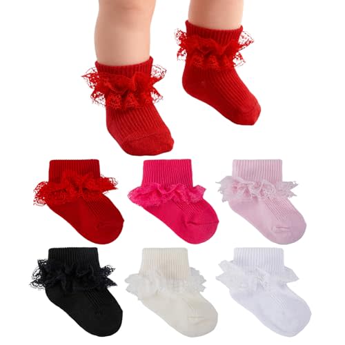 MKYSZLT Baby Girl Ruffle Socks Non Slip Grips Cute Cotton Lace Ankle Pageant Dress Socks Newborn Infant Preemie 0-3 Months