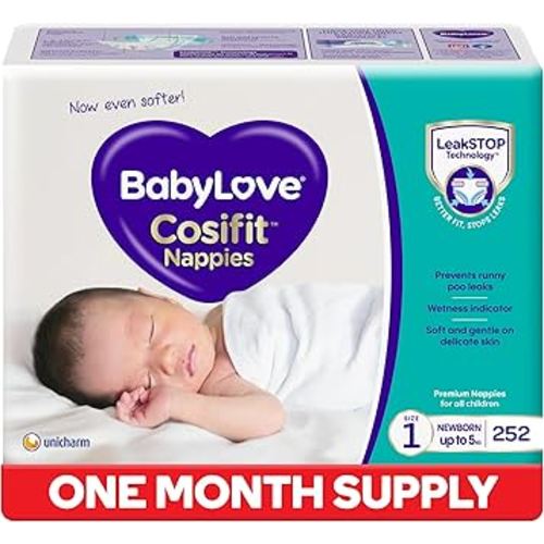 BabyLove Cosifit Nappies Size 1 (Up to 5kg) | 1 Month Supply 252 Pieces (3 x 84 Pack)