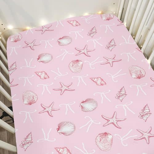 Summer Conches Bows Sea Baby Crib Sheets for Boy Girl 52"x28" Ocean Seashells Beach Soft Snug Fitted Crib Mattress Covers Boho Nautical Life Baby Sheet for Standard Crib and Toddler Bed Mattress Pink