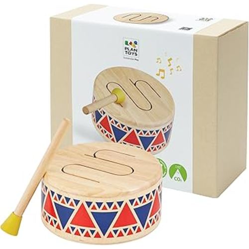 PlanToys® Solid Drum Wooden Musical Toy for Toddlers | Pretend Play Instrument for Kids | Eco-Friendly Percussion Toy for Coordination, Creativity & Early Learning Development