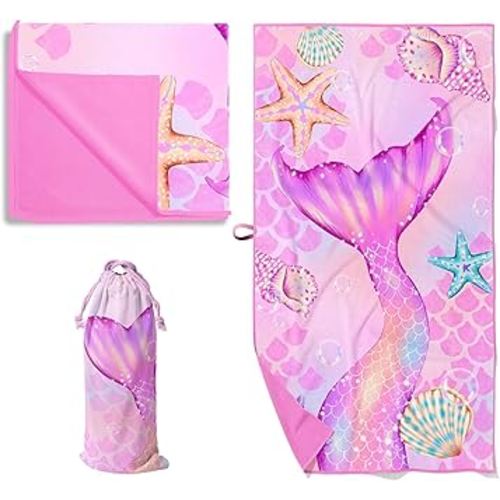 Kids Beach Towel 30x60 Mermaid Pool Towels for Girls, Quick Dry, Sand Free & Lightweight. for Swim, Camping, Travel, Pool, Summer Camp - Pink