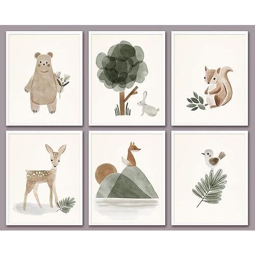 6 PCS Boho Wall Art Nursery Decor Cute Deer Squirrel Bear Wall Decor Unframed Green Bohemian Posters Nursery Print Paintings Artwork for Home Boys Girls Room Bedroom Classroom Living Room 8x10 In