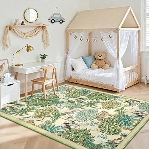 GarveeHome Jungle Animal Print Rug 4x6 Washable Area Rugs for Living Room, Forest Rug Non Slip Soft Low Pile Stain Resistance Throw Carpet for Bedroom Kids Playroom Nursery Beige