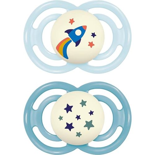 MAM Perfect Night Baby Pacifier, Patented Nipple, Glows in The Dark, 2 Pack, 16+ Months, Blue/Boy