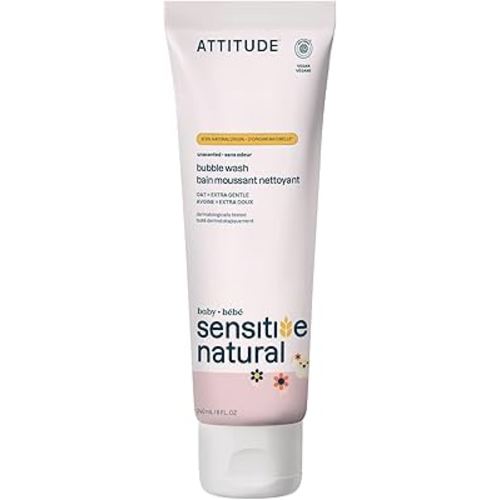 ATTITUDE Bubble Body Wash for Baby, EWG Verified, Extra Gentle, Enriched with Oatmeal, Dermatologically Tested, Plant and Mineral-Based, Vegan, Unscented, 8 Fl Oz