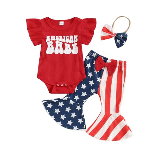 Kuriozud Newborn Baby Girl Bell Bottom Outfit Ruffle Romper Cute Bow Flare Pants Set Headband Cute Clothes