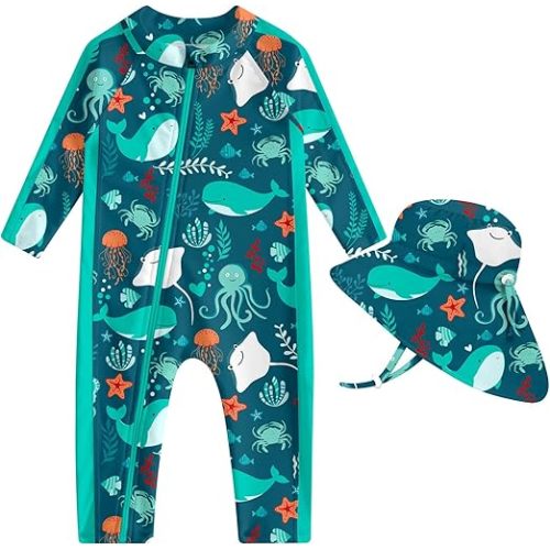 UNIFACO Baby Boy Swimsuit UPF 50+ Sun Protection One Piece Zip Bathing Suit with Sun Hat Infant Sunsuit Swimwear