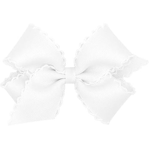 Wee Ones Girls' Classic Grosgrain Moonstitch Edge Hair Bow on a WeeStay Hair Clip, Matching Edge, Medium, White