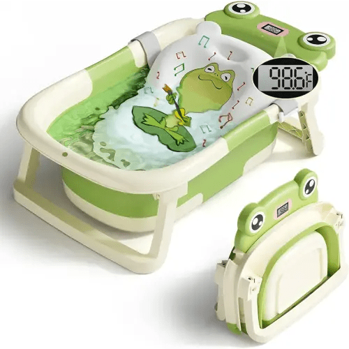 Baby Bathtub, Collapsible Newborn Bathtub for Infant to Toddler 0-24 Months with Soft Cushion and Thermometer,Portable Travel Newborn Tub with No-Slip Feet, Baby Shower Gifts,Green