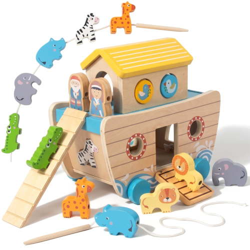 Toddlers Wooden Noah's Ark Toy Animal Playset, Shape Sorter Early Learning Montessori Toys, Baptism Gifts for 3 Boys Girls Kids