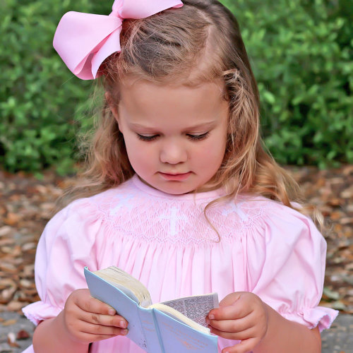 Cross Smocked Pink Pique Bishop Dress