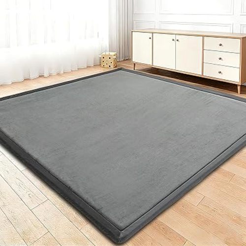 Baby Play Mat for Floor, 1.3 Inch Thick Memory Foam Tummy Time Mat with Non Slip Backing, Soft Coral Velvet 50×50 Inch Playpen Mat Crawling Tatami for Infants Toddlers Kids, Dark Gray
