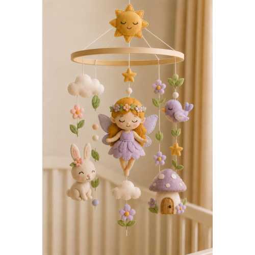 Fairy Baby Mobile, Felt Nursery Mobile, Lavender Woodland Crib Mobile, Bunny Mushroom Bird Sun Cloud Baby Girl Nursery Decor