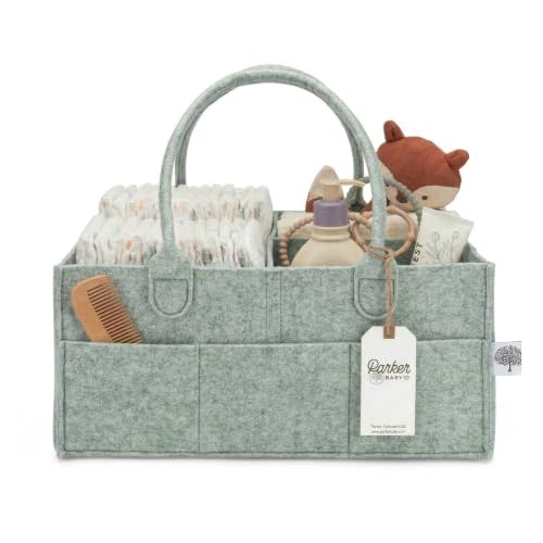 Parker Baby Co. Felt Diaper Caddy Organizer - Large, Sage | Portable nursery storage bin for diapers, wipes, bottles & baby essentials in home/car. Soft felt, foldable design 16x10x7"