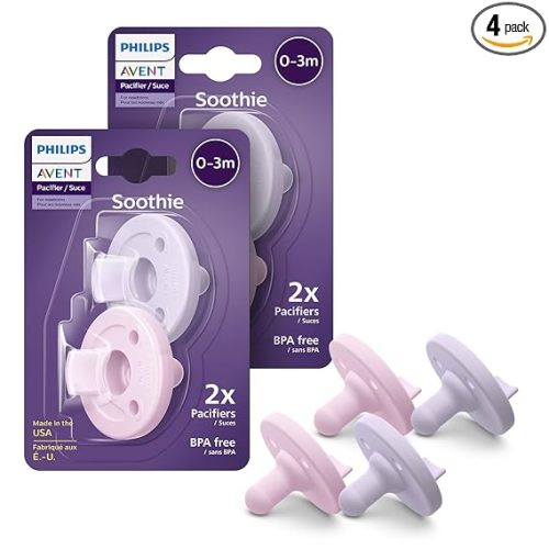 Philips Avent Soothie Orthodontic Baby Pacifiers, 100% Silicone Pacifiers, One Piece, BPA-Free, for Babies 0-3 Months, 2 Lilac and 2 Pink, 4 Pack, Model SCF190/70