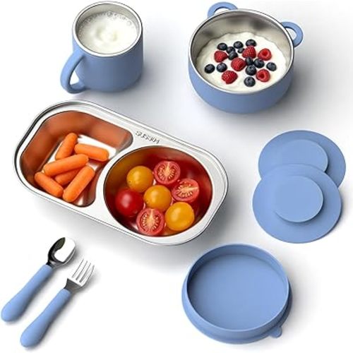 Stainless Steel Baby Plates and Bowls Set with Detachable Suction Base, Kids Feeding Set-Toddler Plate, Bowl, Open Cup & Baby Utensils for Self Feeding & Baby Led Weaning (6-12M & 1-3Y), Blue