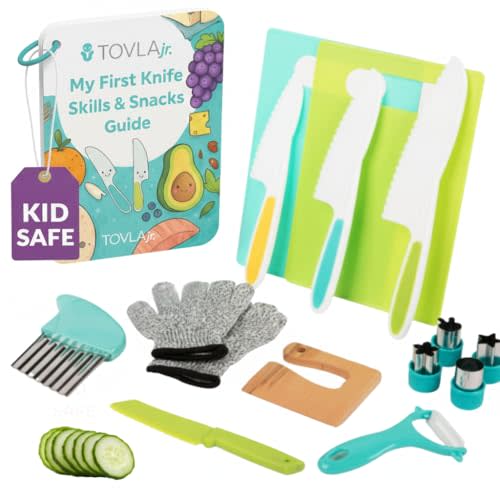Toddler Safe Knife Set with Recipe Book - Includes Peeler, Cutting Board, and Chopper - Real Kitchen Tools for Kids Ages 4-12