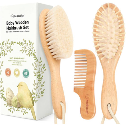 Wooden Baby Hair Brush Set for Newborns, Toddler Comb (Walnut, Regular) | Soft Goat Bristle, Baby Brush and Comb Set, Infant Grooming Kit, Cradle Cap Care, Durable & Gentle, Boy, Girl Bath Essential