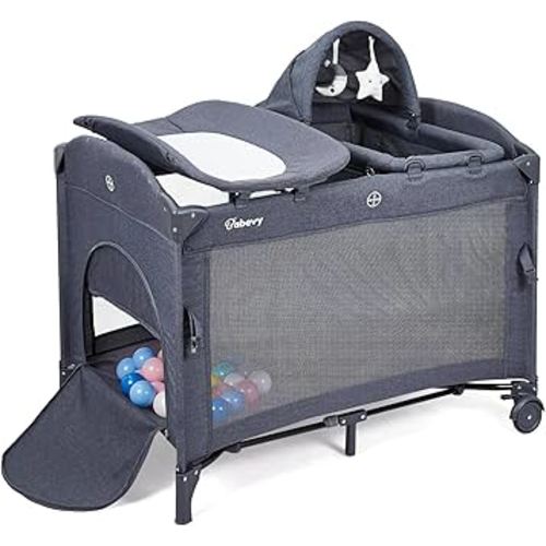 5 in 1 Pack and Play Bedside Sleeper with Bassinet, Diaper Changer & Hanging Toy, Portable Crib Nursery Center for Newborns to Toddlers, Grey