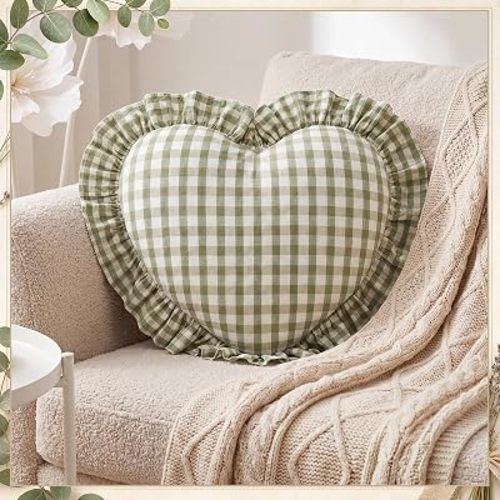 Xuhal Ruffle Gingham Pillow Heart Shaped Pillow 20.5" x 18.5" Sage Green Plaid Ruffle Decorative Cushion, 100% Cotton Farmhouse Decor Scalloped Cushion for Vintage Bedroom, Living Room, Sofa & Bed