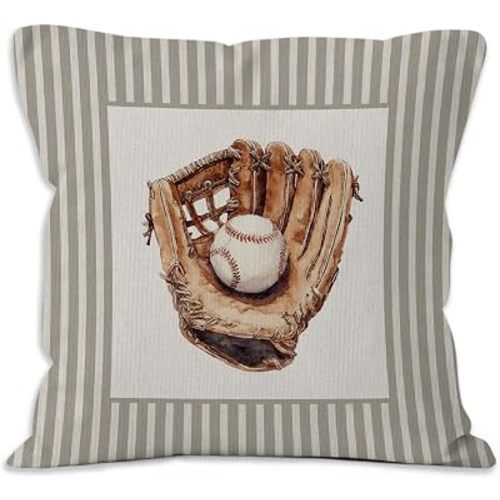 Vintage Baseball Nursery Throw Pillow Covers, Sports Room Decor, Base Ball Glove Striped Decorative Pillow Covers 18x18 for Boys Room Couch Bedroom Home Decor, Baseball Lover Gifts