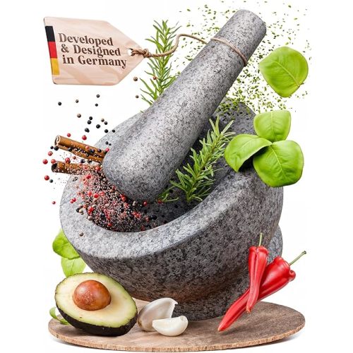 ChefSofi Mortar and Pestle Set - 6 Inch - 2 Cup Capacity - Unpolished Heavy Granite for Enhanced Performance and Organic Appearance - Included: Anti-Scratch Protector