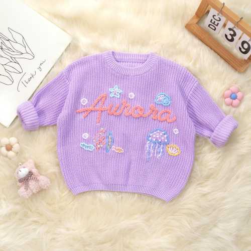 Custom Hand Knitted Mermaid Ocean Baby Name Sweater,Cute Mermaid Baby Girl Jumper,Personalized Toddler Sweater, Personalized Baby Gift
