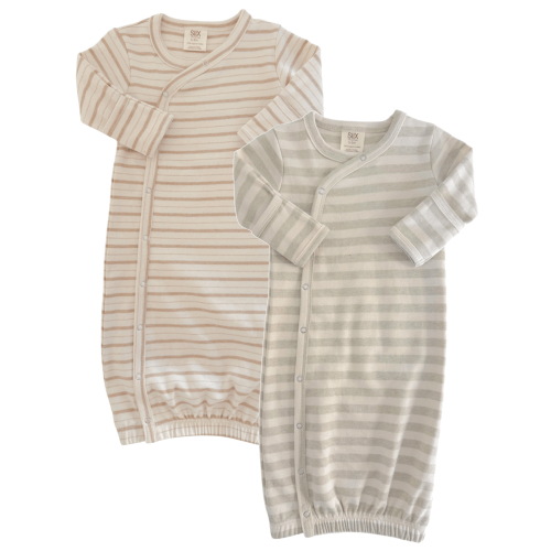 Biscuit Mixed Stripe & Sage Stripe / Organic Gown 2-Pack