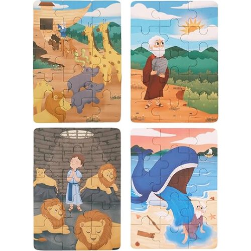 Bible Puzzles for Kids | 4-in-1 Wooden Jigsaw Puzzles in Box (15 pcs Each) | Christian Bible Religious Gifts for Kids | Easter Gifts for Kids | Noah's Ark | Moses (Old Testament)