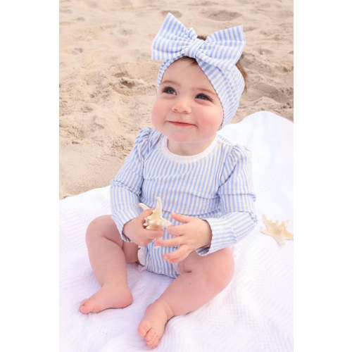 Long Sleeve Rash Guard With Ruffle Bottom | Seersucker Blue