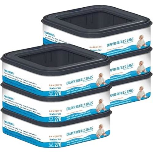 6 Packs-Standard Square Refills Disposal Bags Refill Compatible with Diaper Genie Classic, Compact and Select Pails, Hold Up to 270 Newborn-Sized Diapers Per Refill