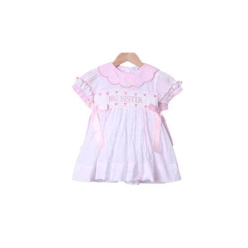 Smocked Big Sister Pink and White Swiss Dot Bow Dress